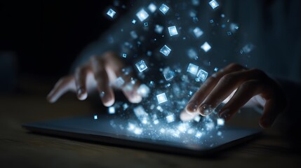 A person interacts with a tablet, causing luminous cubes to float above the screen, creating a futuristic and technological spectacle.