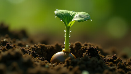 Seed germination breaking through green soil, extreme growth detail, soil displacement and water droplets magnifying.