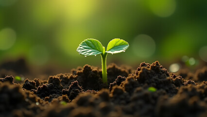 Seed germination breaking through green soil, extreme growth detail, soil displacement and water droplets magnifying.