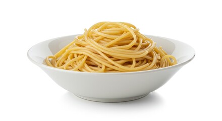 Bowl of Cooked Spaghetti - A close-up shot of a white bowl filled with cooked spaghetti, isolated on a white background