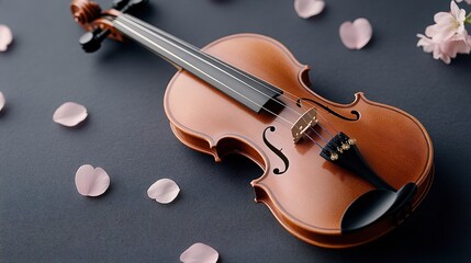 Fototapeta premium Elegant Brown Violin Surrounded by Pink Petals on a Dark Background