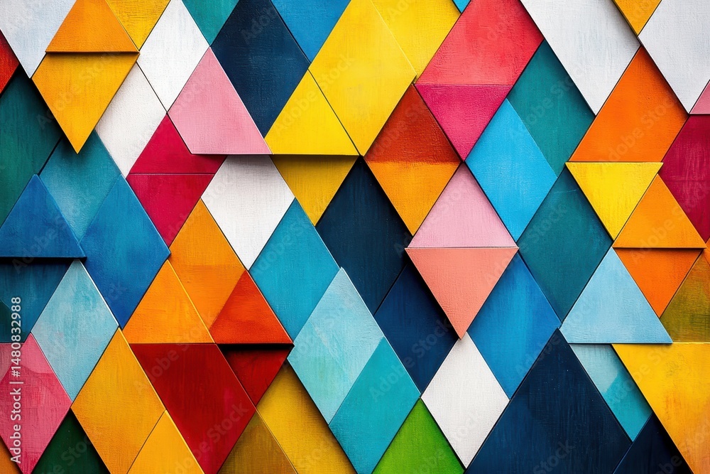 Poster colorful geometric mountain landscape with vibrant hues in an abstract style, showcasing orange, blu