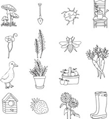 Hand-drawn vector collection of garden elements: mushrooms, shovel, ladybug, chair with watering can, flower, fern, bee, potted plant, duckling, basket of apples, carrots, birdhouse, strawberry.