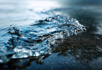 Close-up of a gentle wave on a pebble beach.