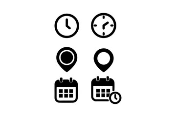Time, Location, and Calendar Icon Set. Flat Vector Symbols for UI and Scheduling