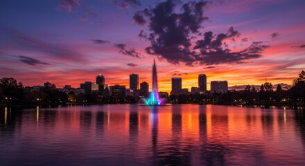 Naklejka premium Cityscape Sunset with Fountain - Stunning cityscape at sunset, reflected in calm water, featuring a vibrant fountain