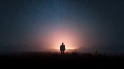 A solitary figure stands in a field at night, gazing at the starry sky and the soft, diffused glow of a light source on the horizon.