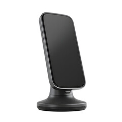 Sleek black magnetic phone holder for a car dashboard or desktop stand, isolated on a clean white background. Modern gadget accessory for mobile devices