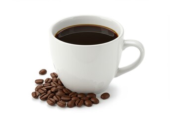 Coffee Cup and Beans Isolated - Aromatic coffee in a white cup, accompanied by roasted beans, symbolizes energy, morning ritual, warmth, comfort, and a stimulating start