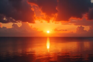 A stunning sunset over the sea with the sun's rays illuminating the water and intense - colored clouds in the sky. Ideal for ocean - related artworks, coastal - landscape promotions, and dramatic - at