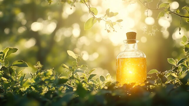 Golden elixir bottle in sunlit garden