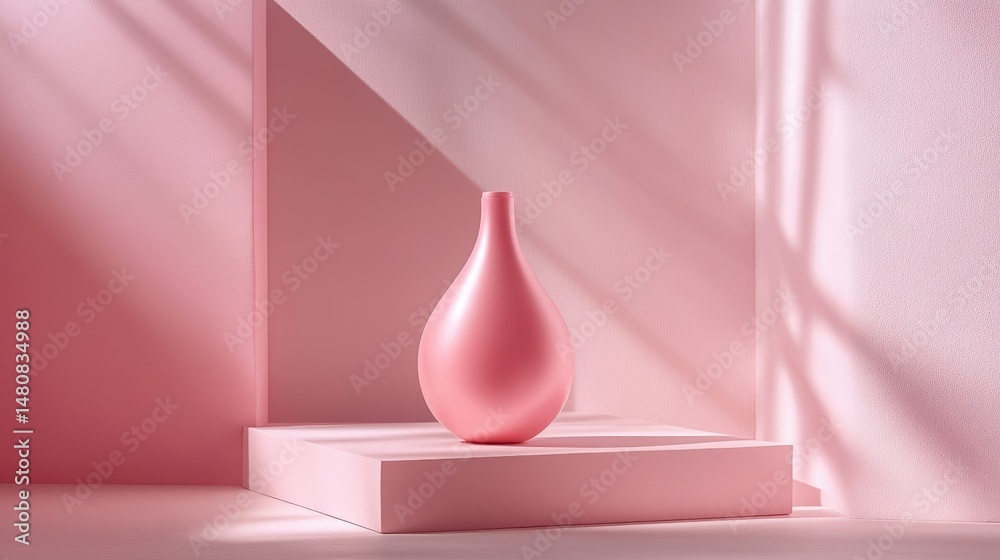 Poster minimalist design featuring a pink column against pastel walls in a serene space during bright dayli
