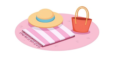 Pink sand, striped towel, sun hat, tote bag, vibrant beach scene