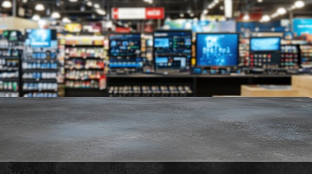 Empty tabletop display in blurred retail store background