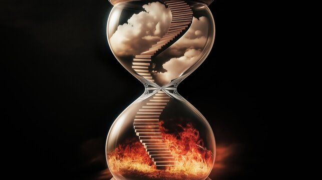A surreal hourglass with a staircase connecting hell's fire below to heaven's clouds above, symbolizing the journey between damnation and salvation, set against a dark background.