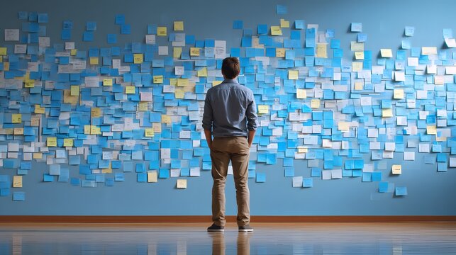 Man contemplating a wall covered in notes, lost in thought, seeking inspiration, overwhelmed by ideas, and the challenge of organization.