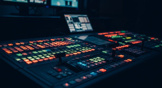 Colorful Video Switcher Control Panel in Dark Studio - Broadcast technology, video production, media, control room, and switching equipment. Represents modern media production and broadcasting
