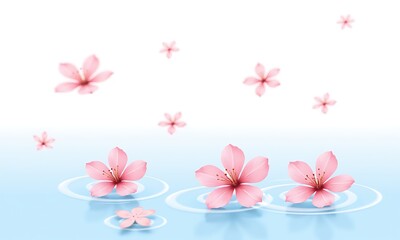 Pink cherry blossoms drift, serene water, soft light