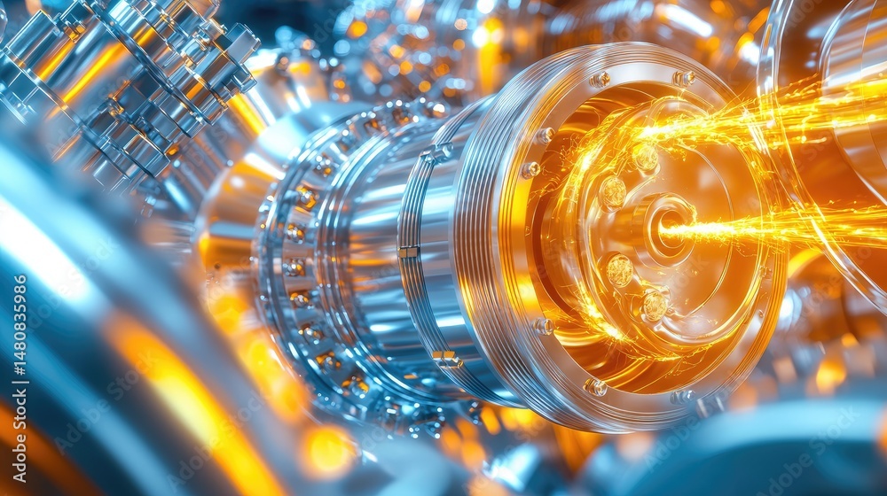 Poster intricate metal machinery displaying power and precision with glowing energy
