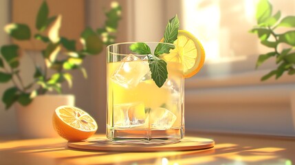 Glass of Lemonade with Ice and Mint on a Sunny Day