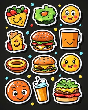 Naklejki Collection of cute cartoon food stickers burgers, drinks, and snacks with happy faces