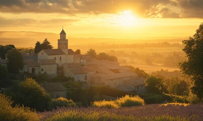 Golden sunset over a French village nestled in a lavender field