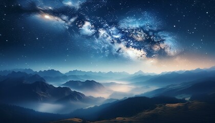 Fototapeta premium View of beautiful night sky with stars in foggy mountain valley.