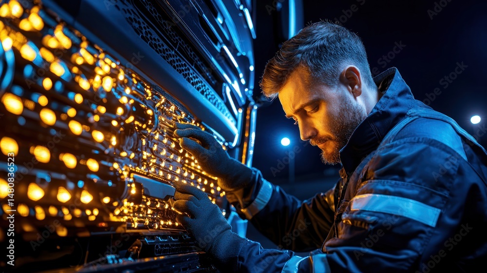 Aufkleber technician examines complex wiring system in the dark environment