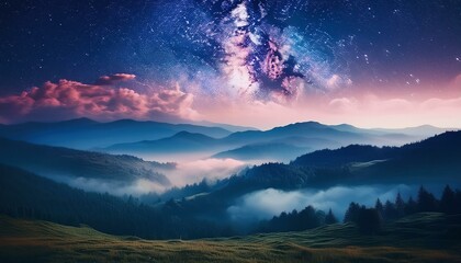 View of beautiful night sky with stars in foggy mountain valley.