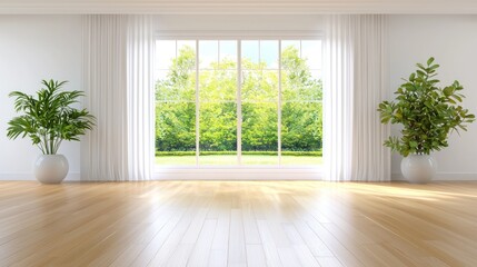 Bright and airy room with large window and green plants