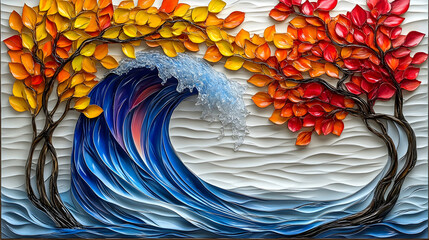 A vibrant wave crashes against stylized autumn trees in a textured, 3D relief artwork
