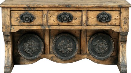 Rustic wooden console table with drawers and decorative accents