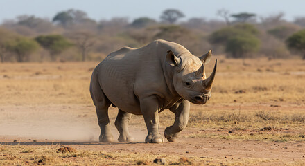 Obraz premium Majestic Black Rhino Walking In The Vast African Savannah Landscape A Symbol Of Conservation And The Beauty Of Wildlife Management Efforts