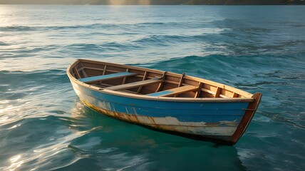 Naklejka premium Seaside solitude: An old wooden boat bobs gently on the sea, surrounded by the calming movement of the waves, evoking a sense of peace, tranquility and solitary journey.