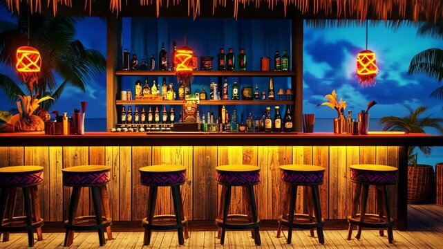 A cozy tiki bar illuminated against a night ocean background.