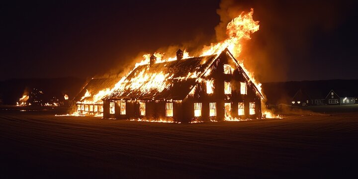 A large building engulfed in flames at night, intense fire raging through its structure, illuminating the dark surroundings