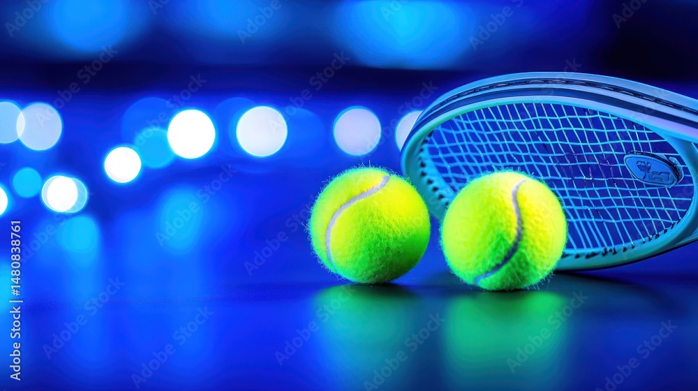 Poster Two tennis balls rest in front of a racket strings