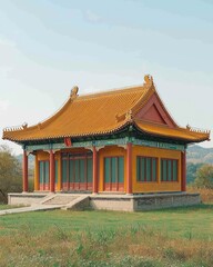 Obraz premium A picturesque temple, vibrant orange and red, with a sweeping, tiled roof, sits serenely in a grassy field against a clear sky