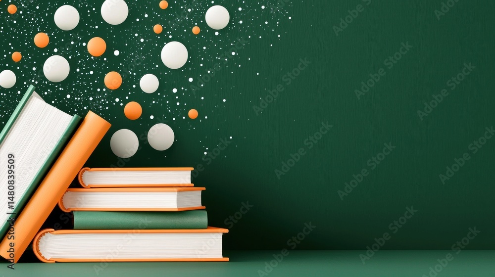 Aufkleber stack of colorful books on a green background with spheres