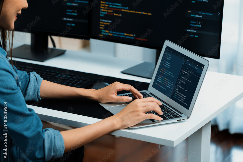 Poster smiling young asian in it developer creating with typing online information on laptop with coding pr