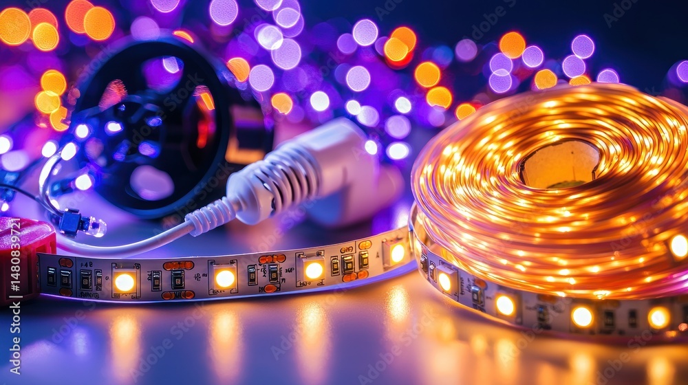 Aufkleber coiled led strip lights are plugged in and illuminated
