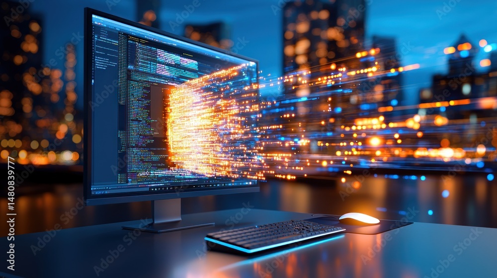 Aufkleber Code streams from a computer screen to the glowing city