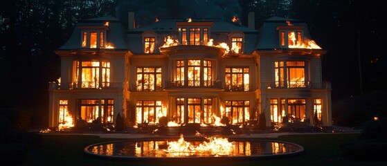 A grand mansion engulfed in flames, its windows glowing orange, reflecting in a nearby pond. Fire ravages the structure, highlighting architectural details