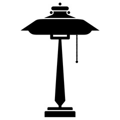Silhouette of a classic banker&rsquo;s lamp with a pull chain switch, iconic rectangular shade, and pedestal base, isolated on white background. Simple, vintage, and elegant office decor symbol.