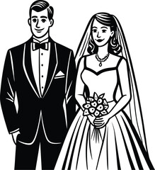 Vector illustration of the beautiful bride wearing a nice bridal gown.The groom kisses the bride
