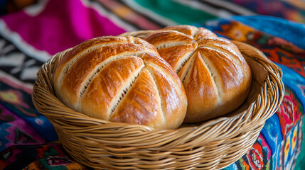 Freshly baked traditional bread rolls in a woven basket on a vibrant textile background.