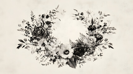 A beautifully arranged floral design featuring an intricate mix of roses and wildflowers, exuding a vintage charm.