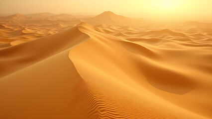 Golden sand dunes with wave patterns at sunset, detailed aerial view of desert landscape with dramatic shadows and textures.