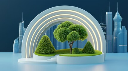 Nature thrives in a minimalist futuristic city landscape exhibit