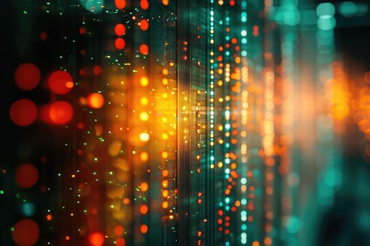 Abstract bokeh lights illuminate a server rack, symbolizing data processing and digital technology.